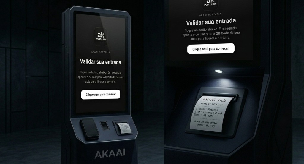 AKAAI Portaria — totem na recepção com tela Validar sua entrada e recibo de check-in