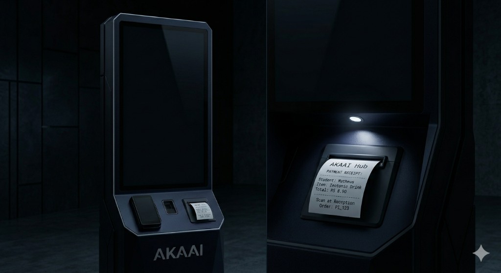 Totem AKAAI — terminal de autoatendimento com tela touch, pagamento e impressora de recibo